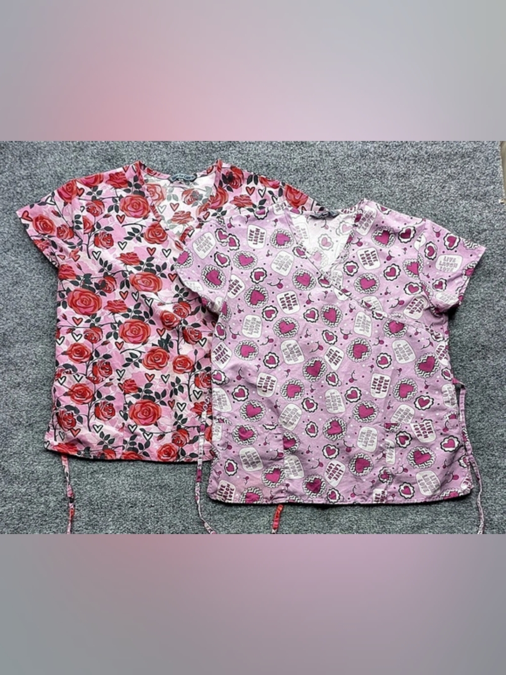 Wear For Care Heart Floral Scrub Tops Pink Red Size Medium